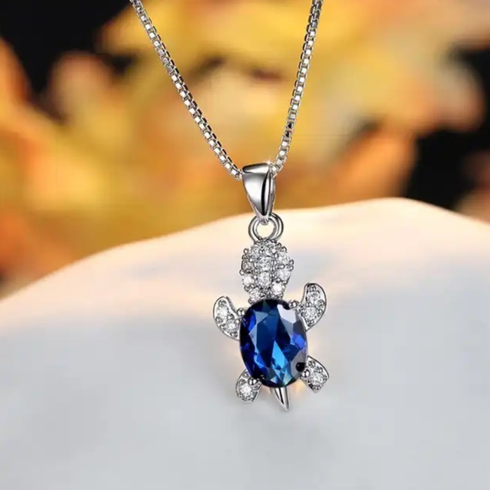 “Just Keep Swimming” Dark Navy Blue Turtle Diamond Sterling Silver Gift Necklace